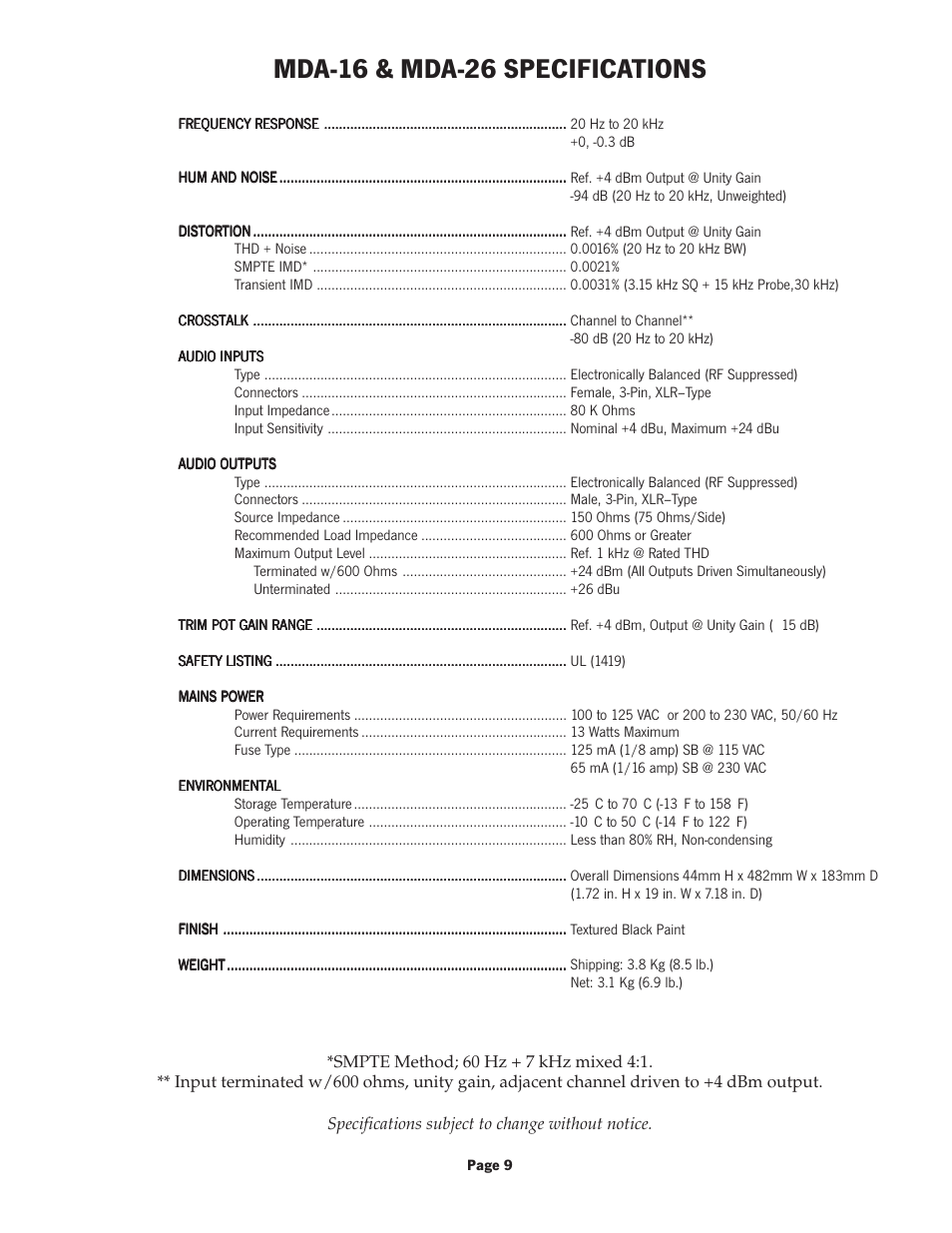 Mda-16 & mda-26 specifications | Oxmoor MDA-16 User Manual | Page 11 / 12