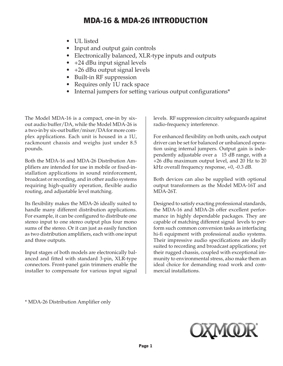 Mda-16 & mda-26 introduction | Oxmoor MDA-16 User Manual | Page 3 / 12