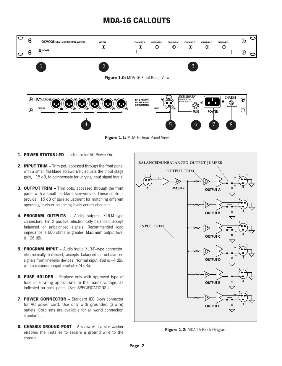 Mda-16 callouts, Page 2, Figure 1.0: mda-16 front panel view | Figure 1.1: mda-16 rear panel view | Oxmoor MDA-16 User Manual | Page 4 / 12