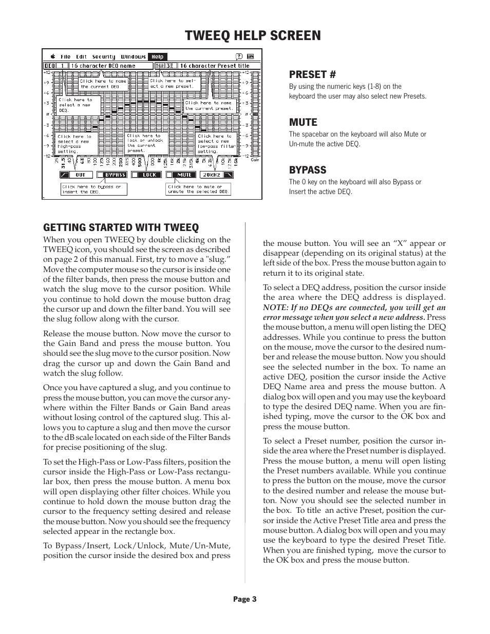 Tweeq help screen, Getting started with tweeq, Preset | Mute, Bypass | Oxmoor TWEEQ-MAC User Manual | Page 5 / 9