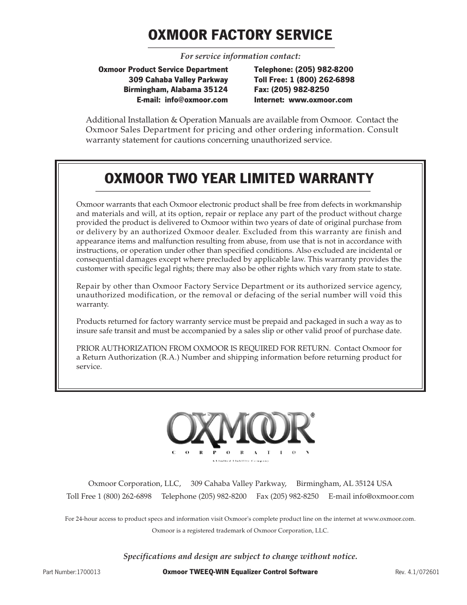 Oxmoor factory service, Oxmoor two year limited warranty, Contact oxmoor | Oxmoor TWEEQ-WIN User Manual | Page 9 / 9