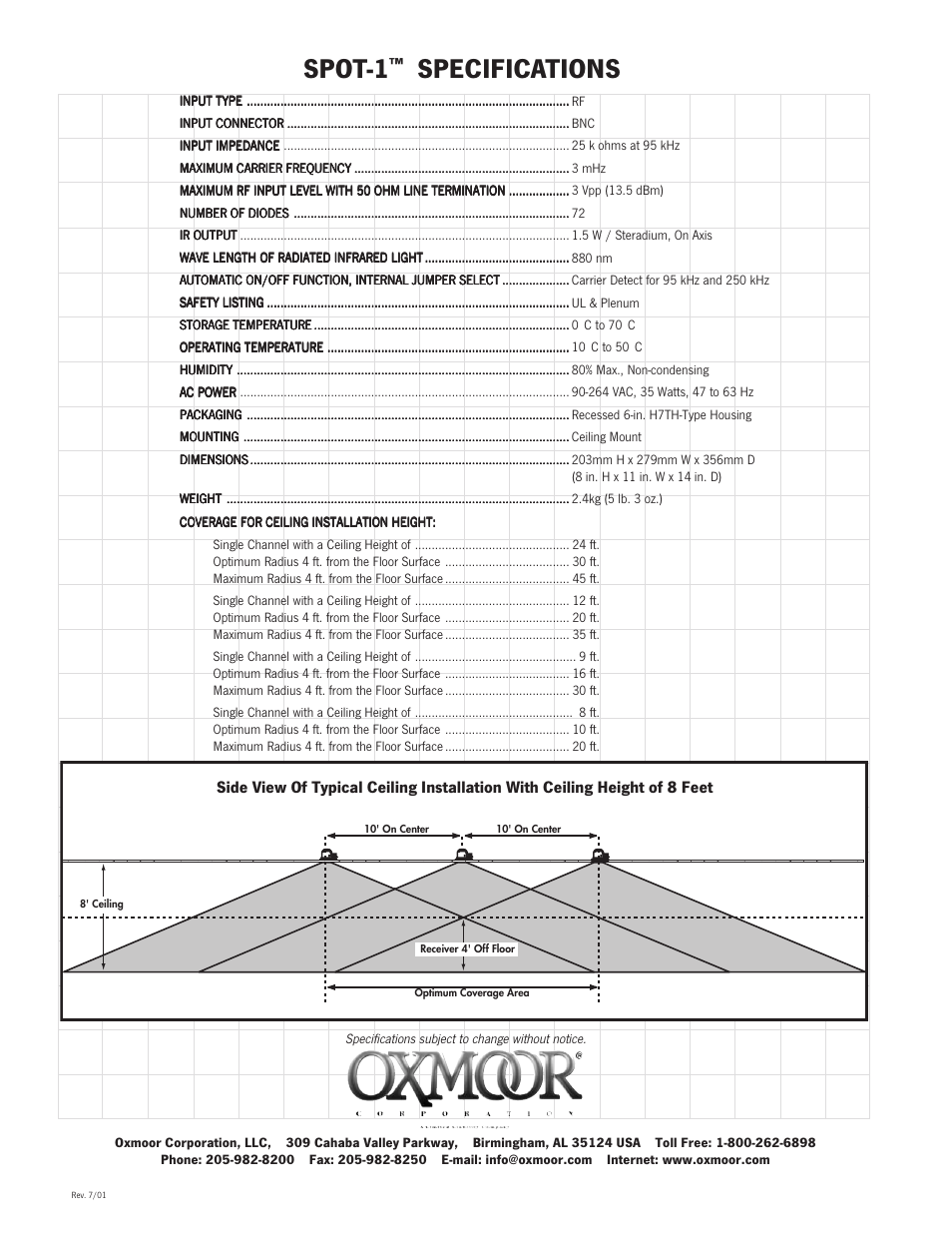 Spot-1, Specifications | Oxmoor SPOT-1 User Manual | Page 2 / 2