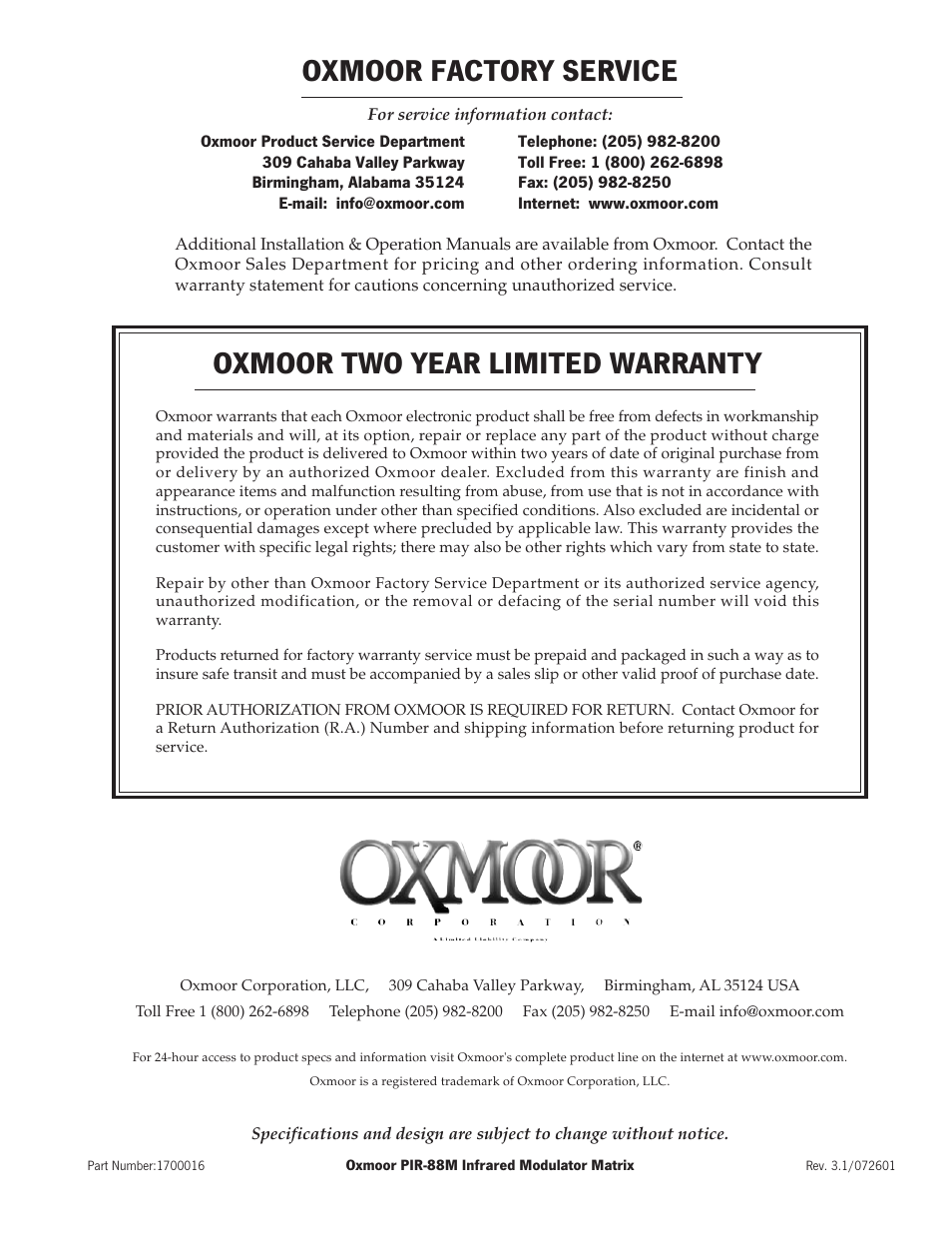 Oxmoor factory service, Oxmoor two year limited warranty, Contact oxmoor | Oxmoor PIR-88M User Manual | Page 13 / 13