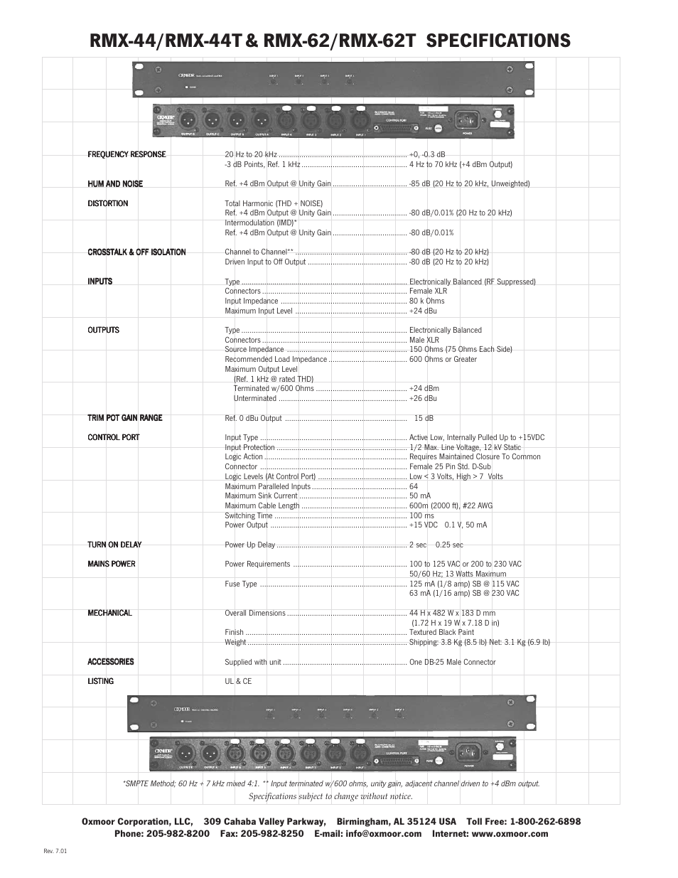 Rmx-44/rmx-44t, Rmx-62/rmx-62t specifications | Oxmoor RMX-44 User Manual | Page 2 / 2