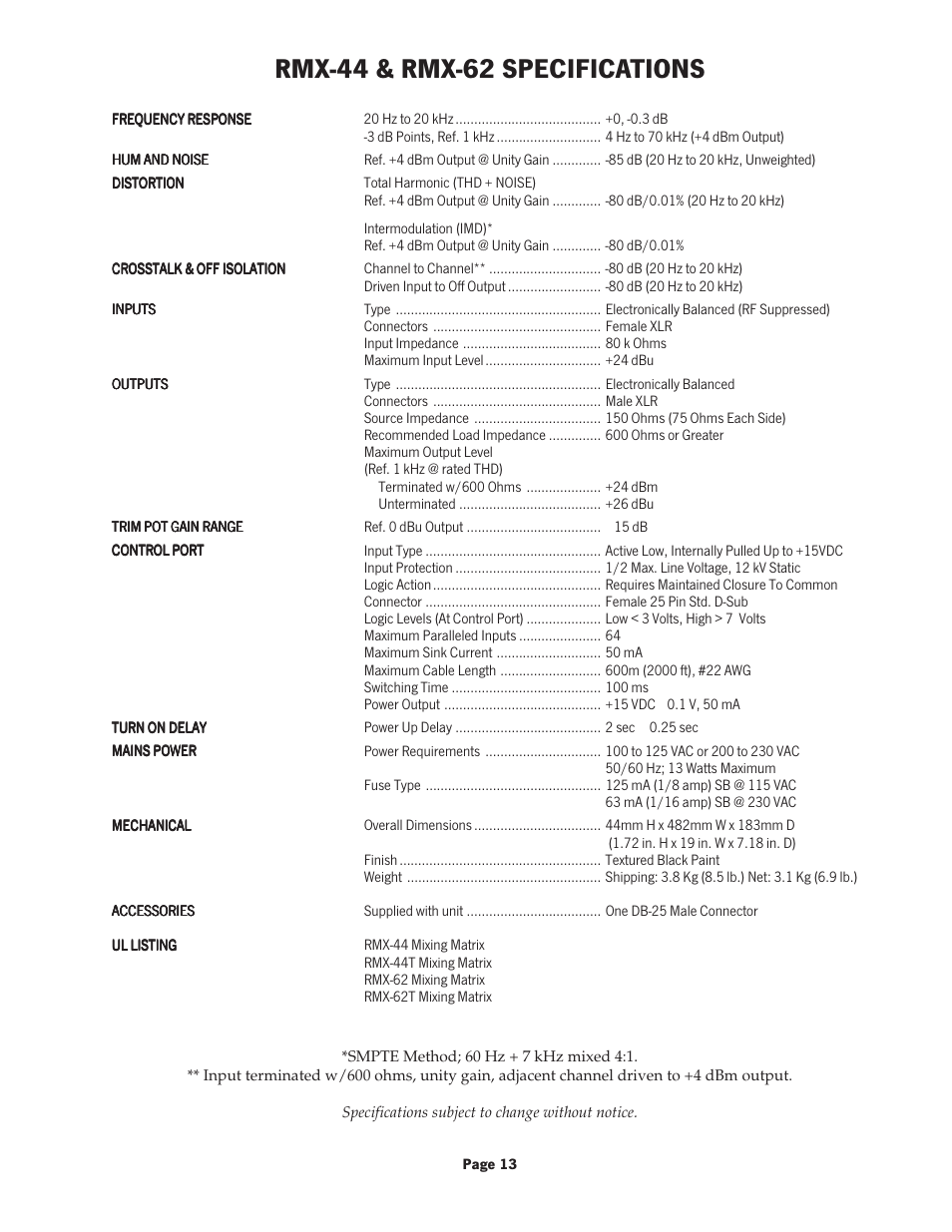 Rmx-44 & rmx-62 specifications | Oxmoor RMX-44 User Manual | Page 15 / 16