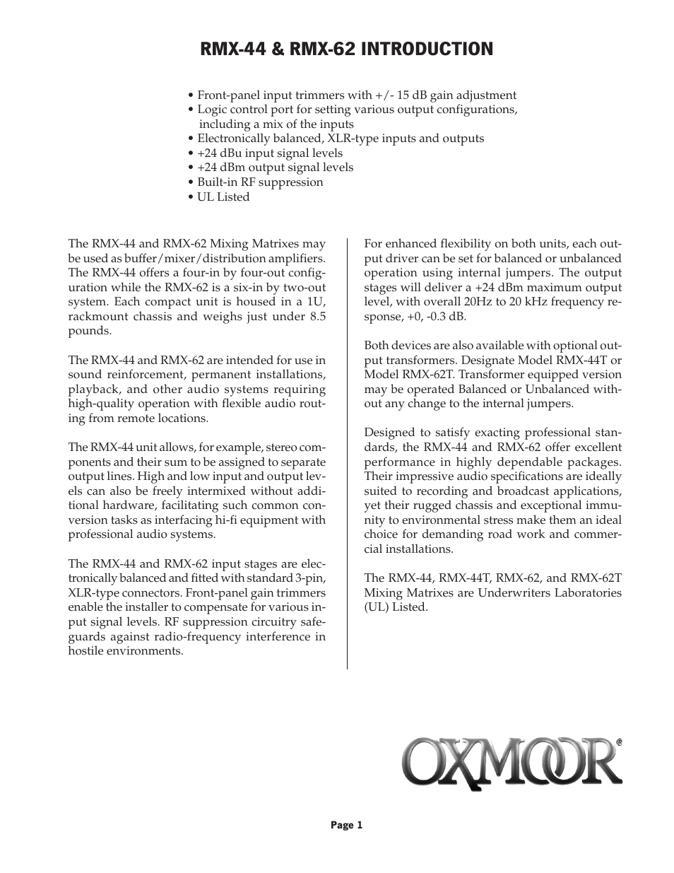 Rmx-44 & rmx-62 introduction | Oxmoor RMX-44 User Manual | Page 3 / 16