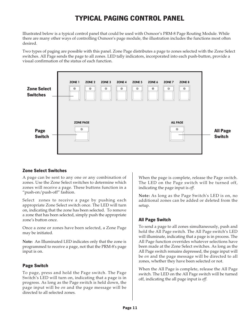 Typical paging control panel, Page switch, All page switch | Oxmoor PRM-8 User Manual | Page 13 / 16