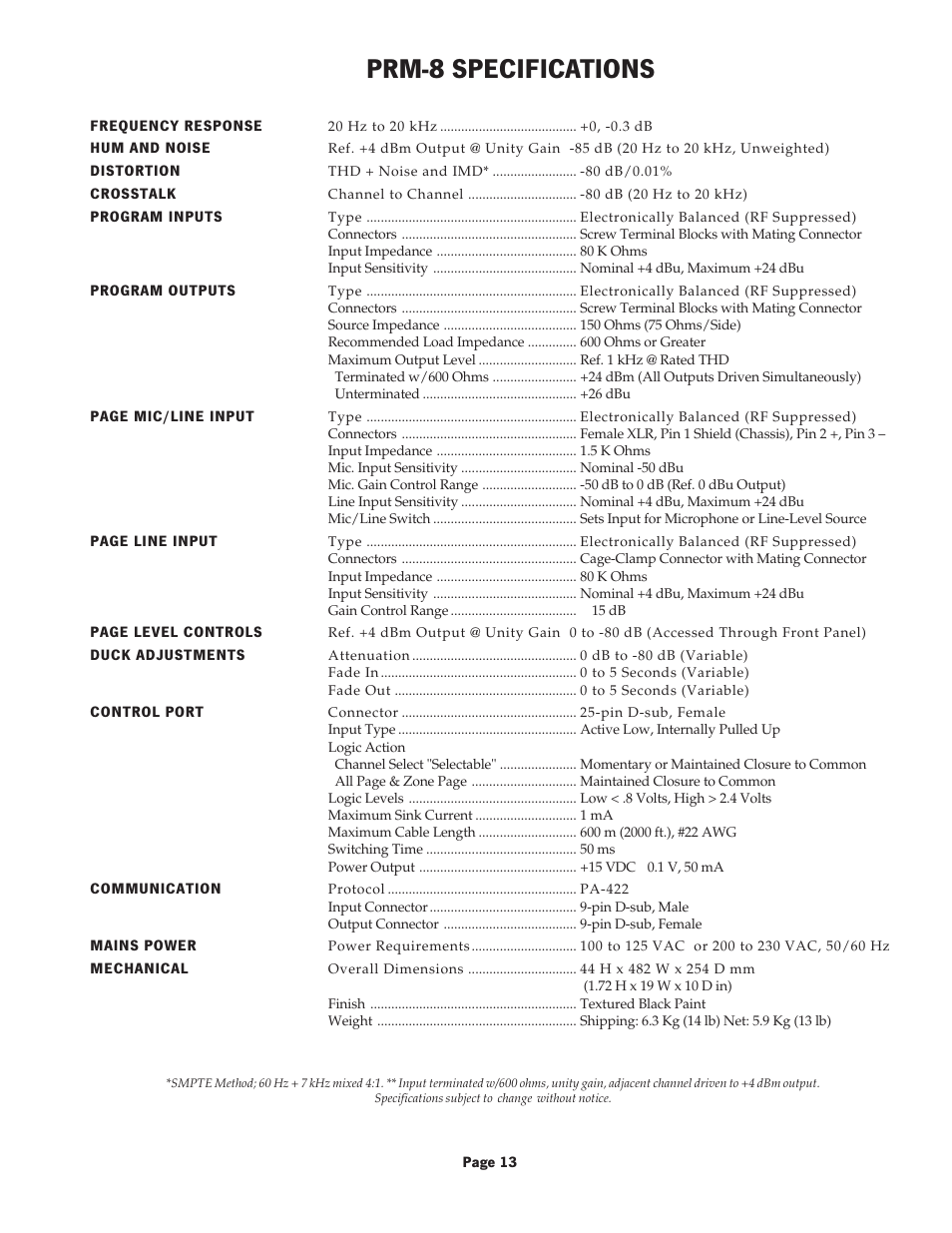 Prm-8 specifications | Oxmoor PRM-8 User Manual | Page 15 / 16