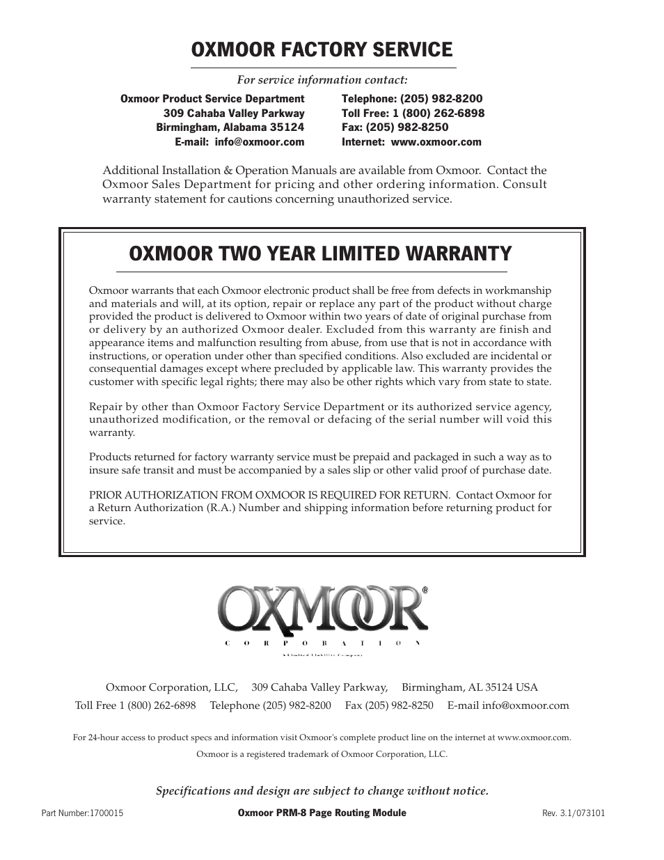 Oxmoor factory service, Oxmoor two year limited warranty, Contact oxmoor | Oxmoor PRM-8 User Manual | Page 16 / 16