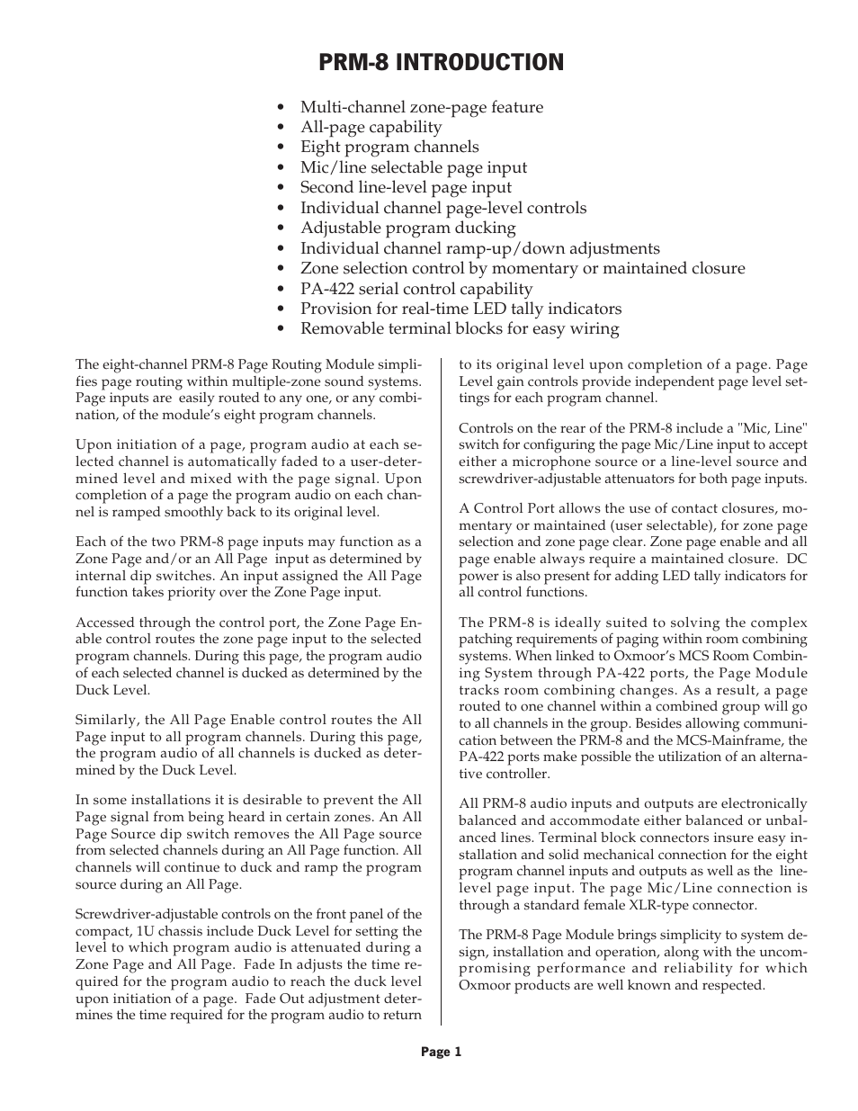 Prm-8 introduction | Oxmoor PRM-8 User Manual | Page 3 / 16