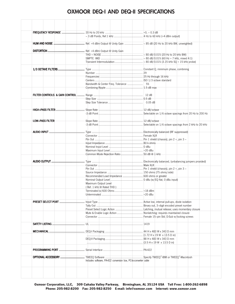 Oxmoor deq-i and deq-ii specifications | Oxmoor DEQ-1 User Manual | Page 5 / 5