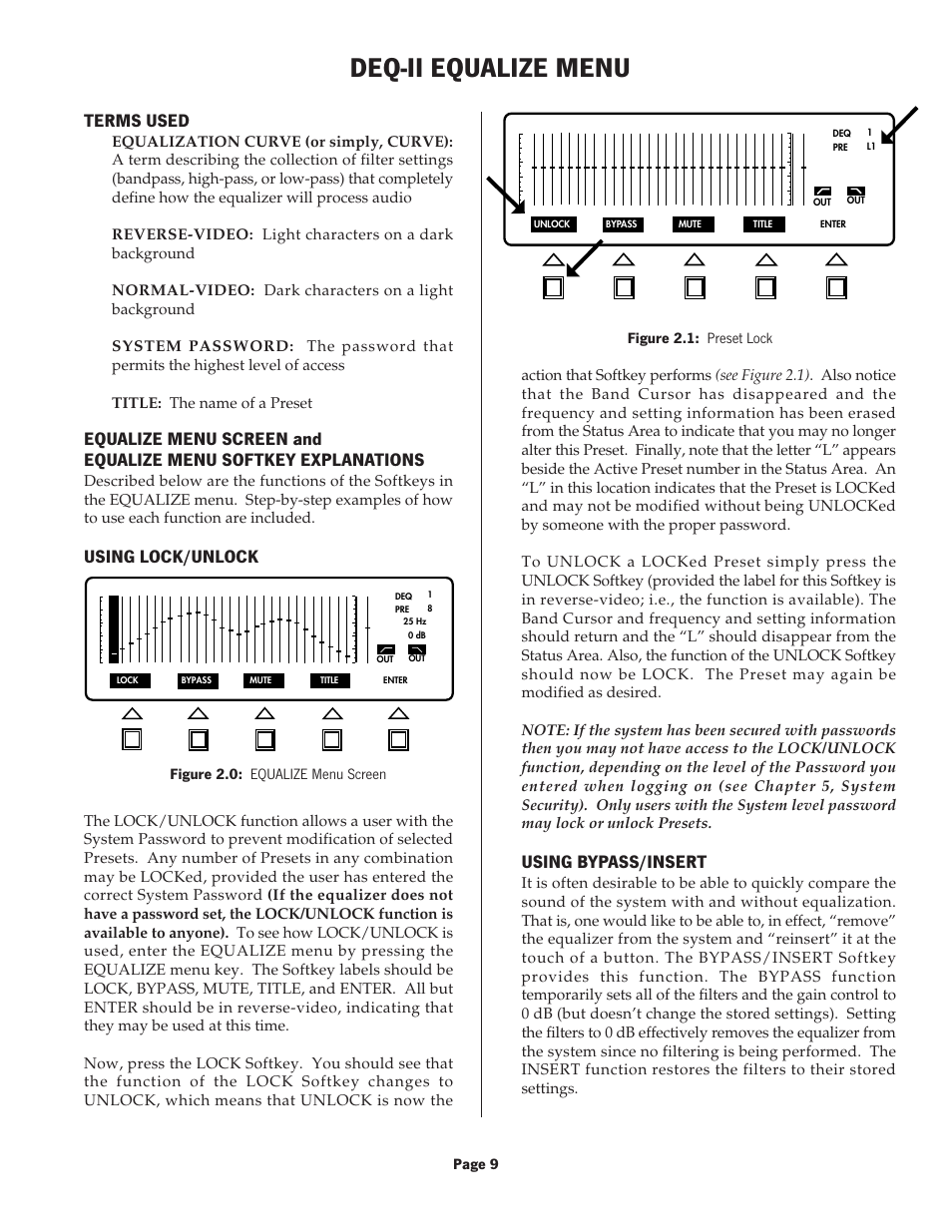 Deq-ii equalize menu, Terms used, Using lock/unlock | Using bypass/insert | Oxmoor DEQ-1 User Manual | Page 11 / 34