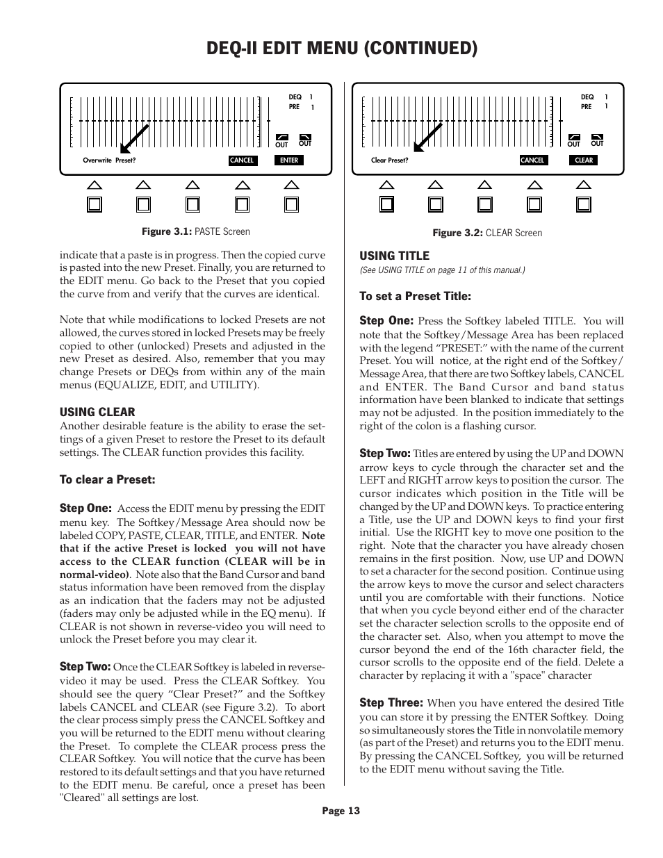 Deq-ii edit menu (continued), Using clear, Step two | Using title, Step three | Oxmoor DEQ-1 User Manual | Page 15 / 34