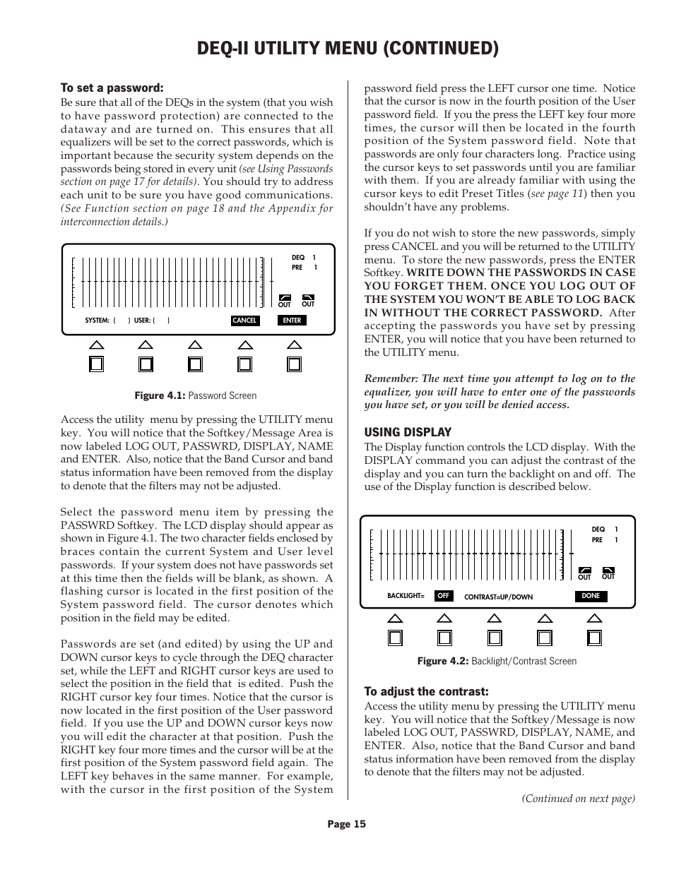 Deq-ii utility menu (continued), Using display | Oxmoor DEQ-1 User Manual | Page 17 / 34