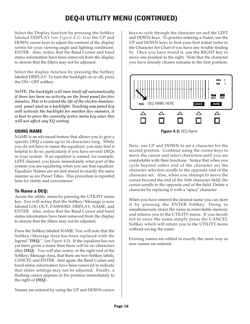 Deq-ii utility menu (continued), Using name | Oxmoor DEQ-1 User Manual | Page 18 / 34