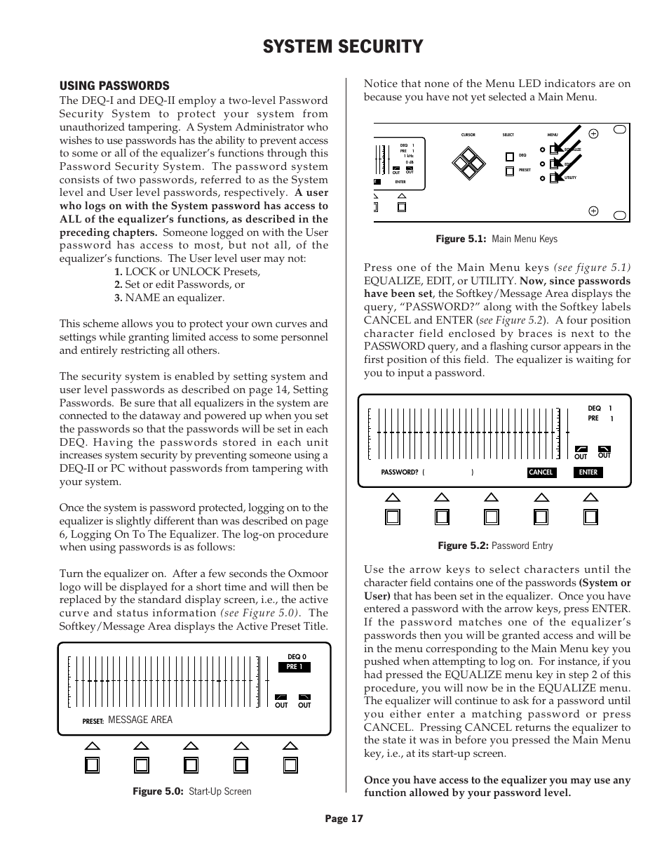 System security, Using passwords, Page 17 | Figure 5.0: start-up screen, Message area | Oxmoor DEQ-1 User Manual | Page 19 / 34