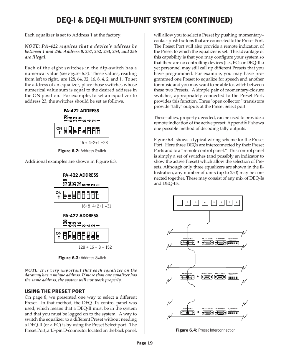 Deq-i & deq-ii multi-unit system (continued), Using the preset port, Page 19 | Pa-422 address | Oxmoor DEQ-1 User Manual | Page 21 / 34