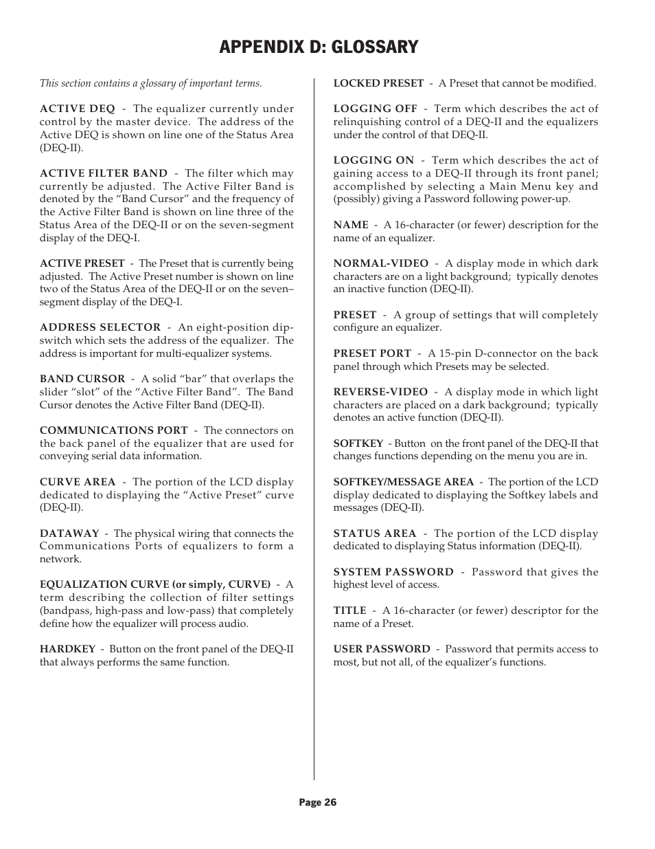 Appendix d: glossary | Oxmoor DEQ-1 User Manual | Page 28 / 34