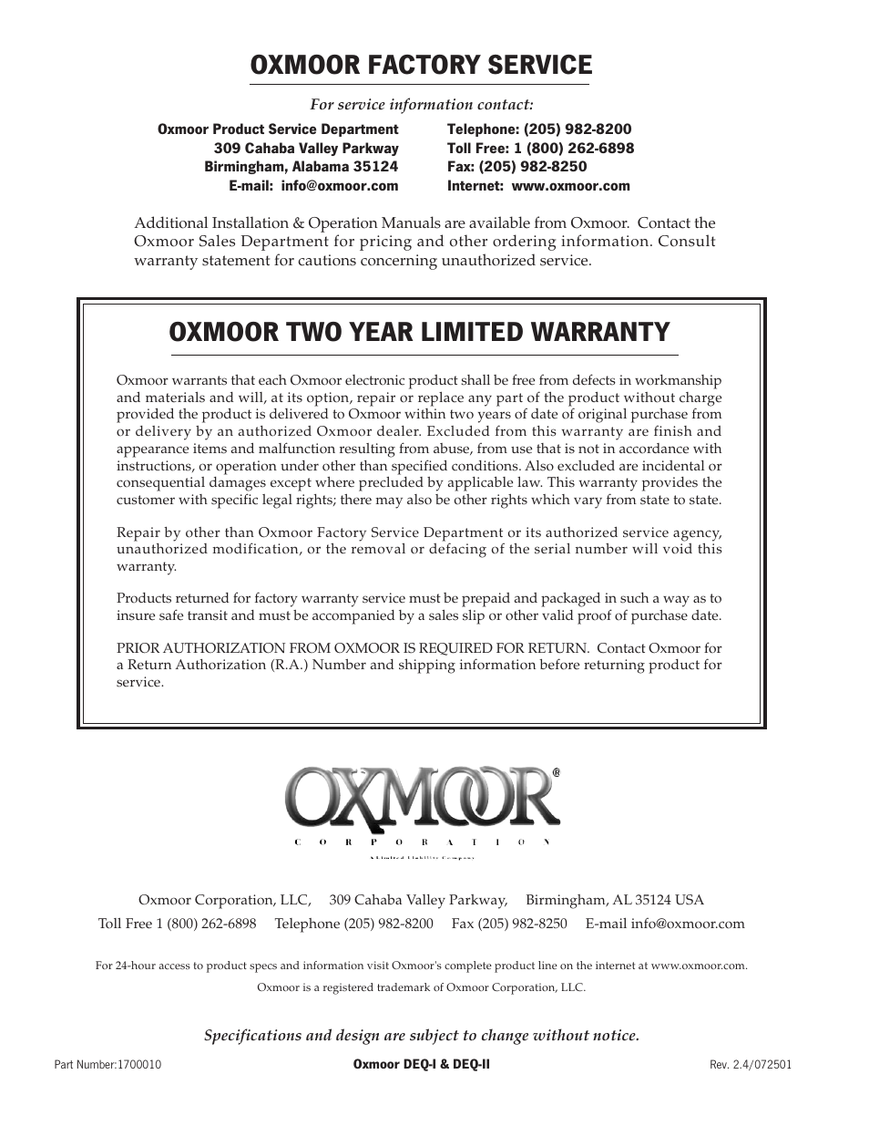 Oxmoor factory service, Oxmoor two year limited warranty, Contact oxmoor | Oxmoor DEQ-1 User Manual | Page 34 / 34