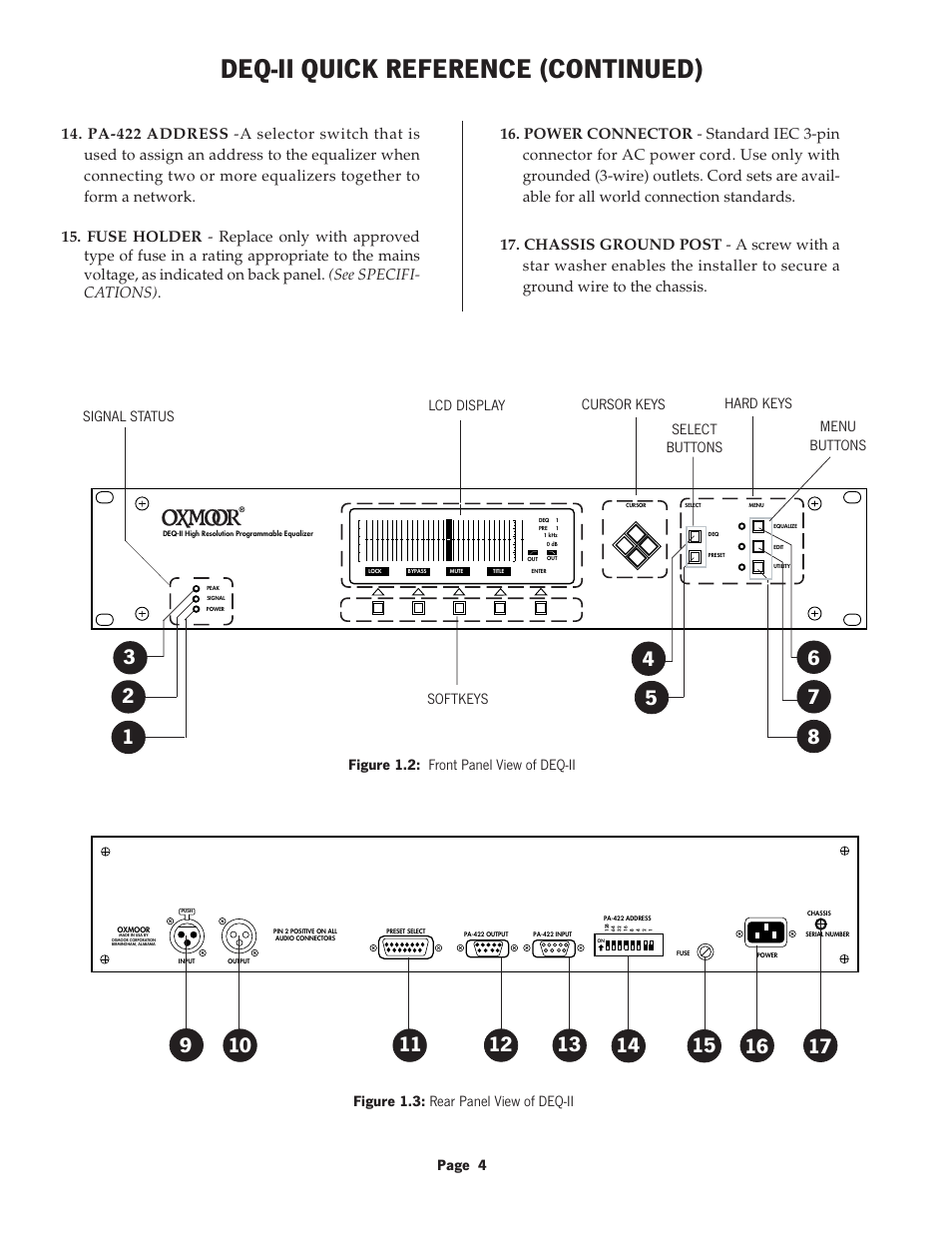 Deq-ii quick reference (continued), Page 4, Figure 1.3: rear panel view of deq-ii | Oxmoor DEQ-1 User Manual | Page 6 / 34