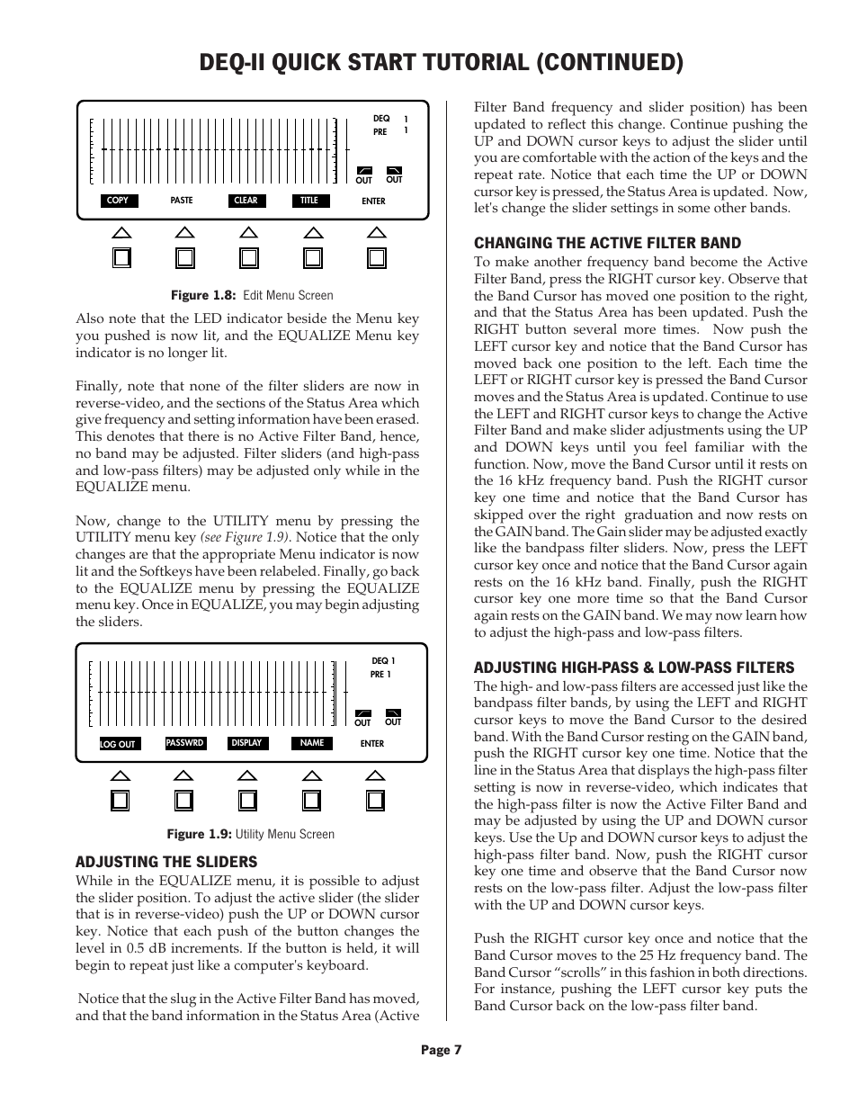 Deq-ii quick start tutorial (continued), Adjusting the sliders, Changing the active filter band | Adjusting high-pass & low-pass filters | Oxmoor DEQ-1 User Manual | Page 9 / 34