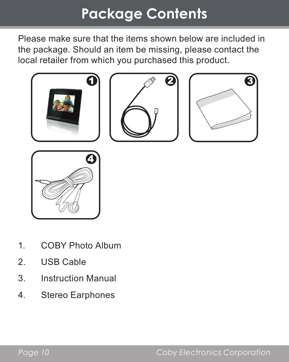 Package contents | COBY electronic DP356 User Manual | Page 10 / 45