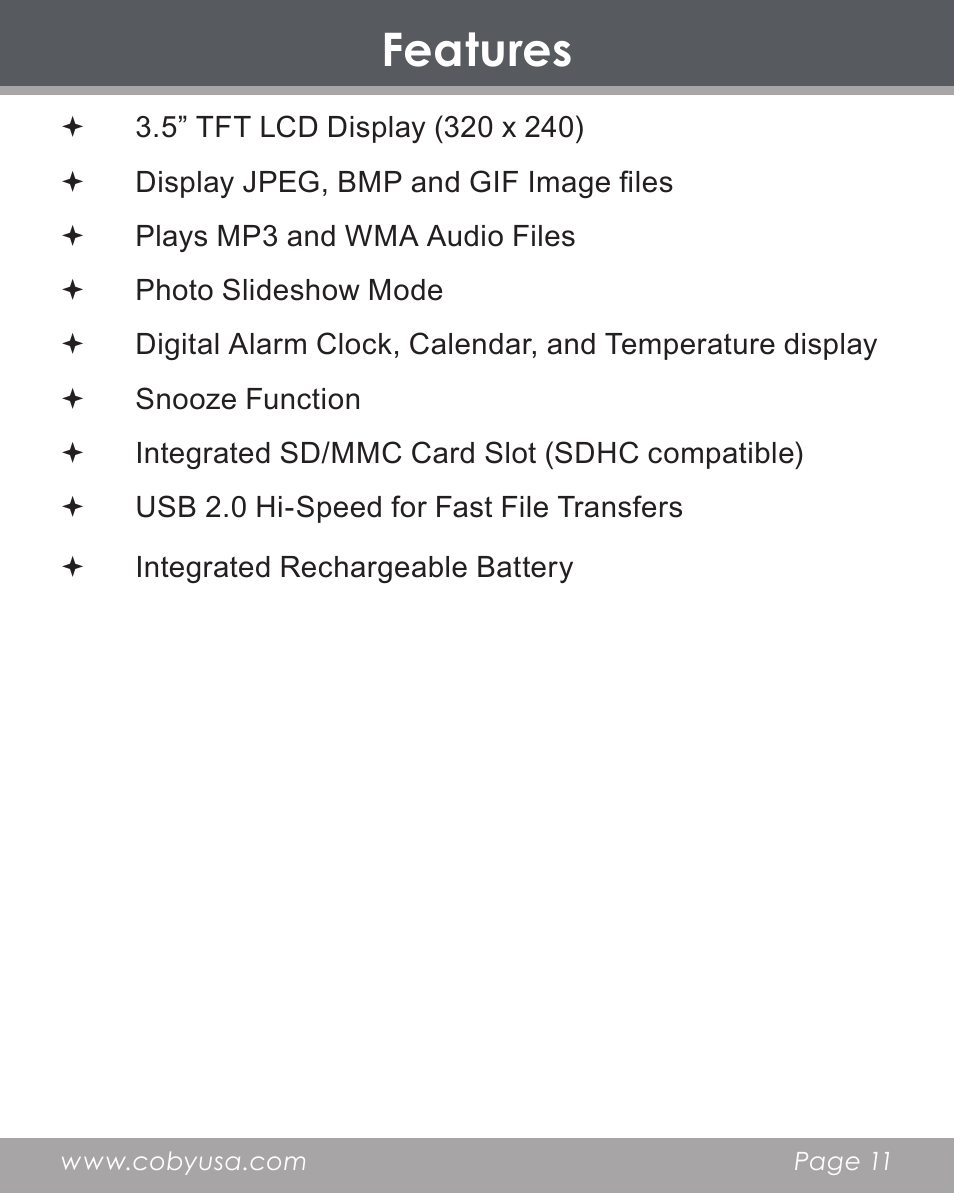 Features | COBY electronic DP356 User Manual | Page 11 / 45