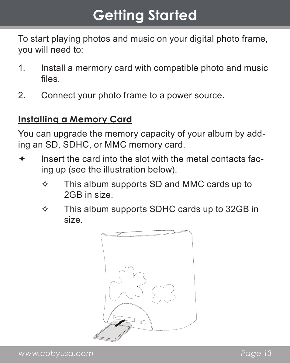 Getting started | COBY electronic DP356 User Manual | Page 13 / 45