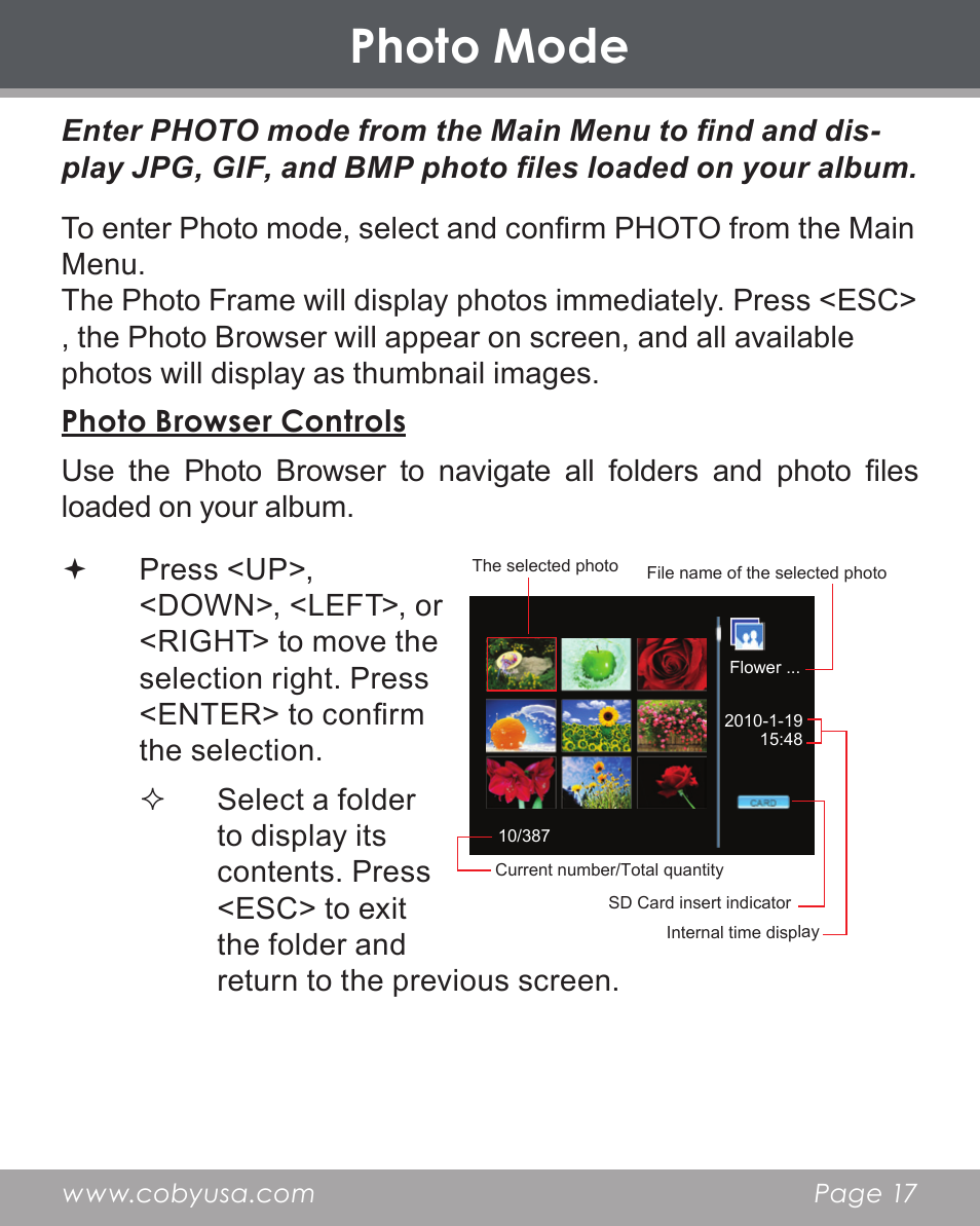 Photo mode | COBY electronic DP356 User Manual | Page 17 / 45