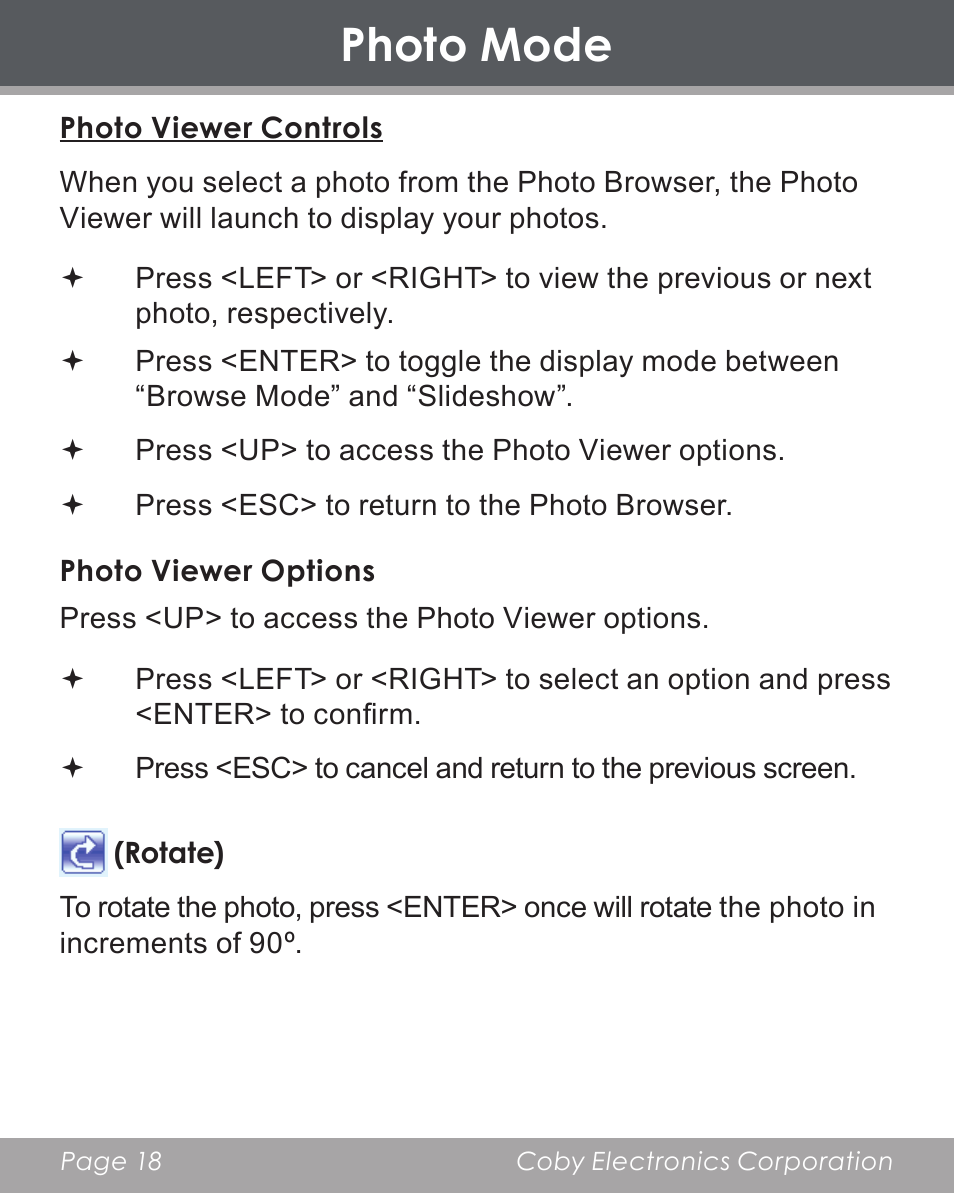 Photo mode | COBY electronic DP356 User Manual | Page 18 / 45