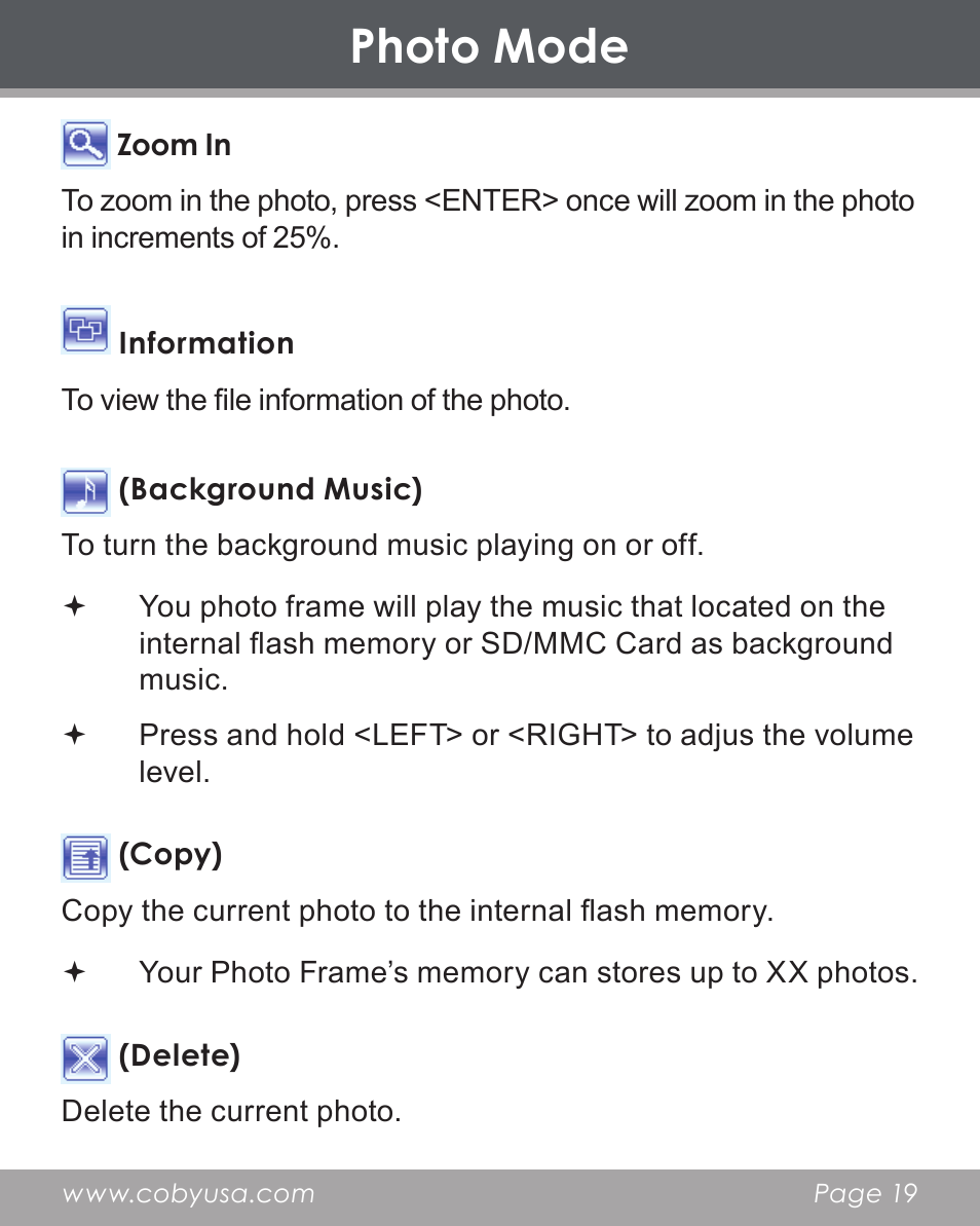 Photo mode | COBY electronic DP356 User Manual | Page 19 / 45