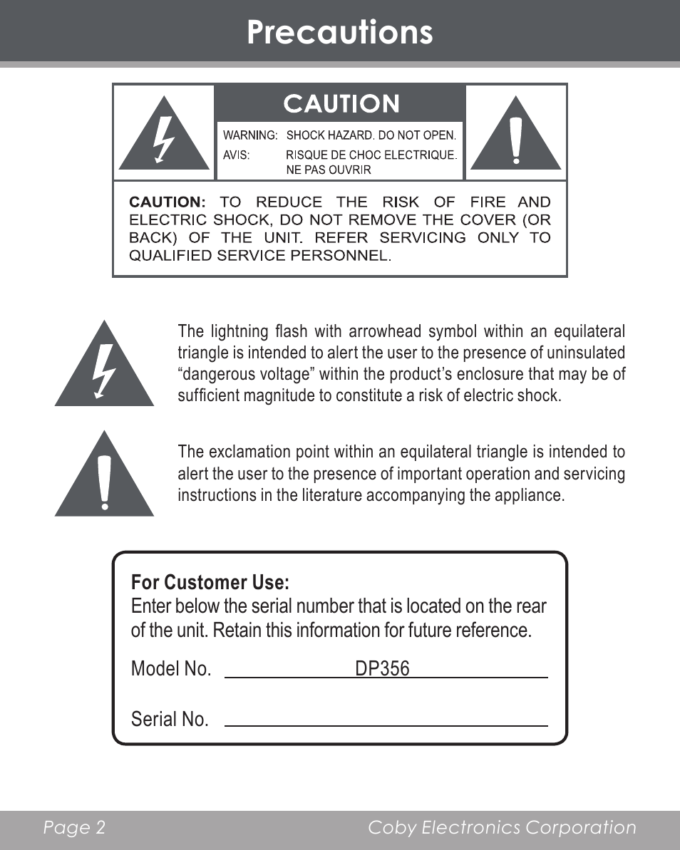Precautions | COBY electronic DP356 User Manual | Page 2 / 45