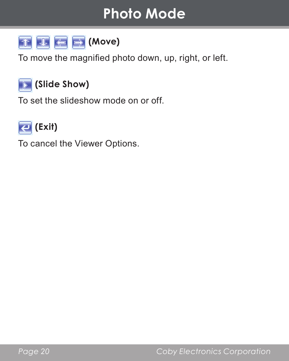 Photo mode | COBY electronic DP356 User Manual | Page 20 / 45