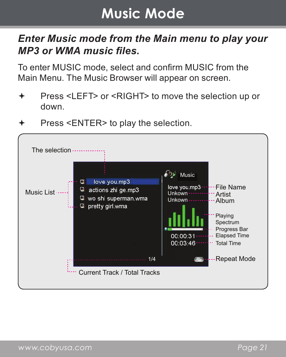 Music mode | COBY electronic DP356 User Manual | Page 21 / 45