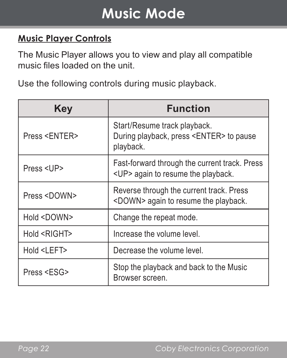 Music mode | COBY electronic DP356 User Manual | Page 22 / 45