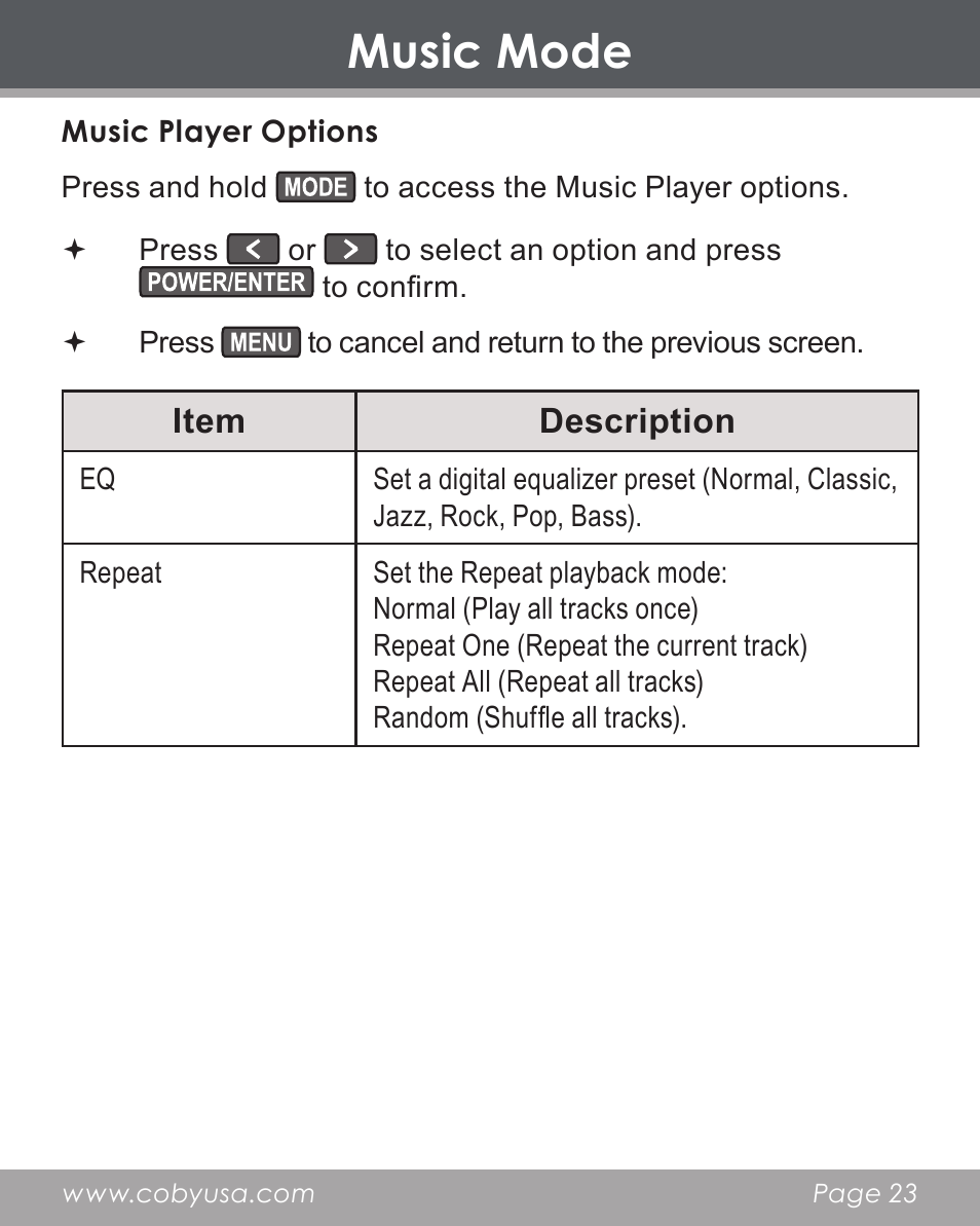 Music mode | COBY electronic DP356 User Manual | Page 23 / 45