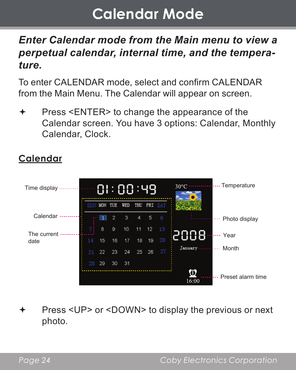 Calendar mode | COBY electronic DP356 User Manual | Page 24 / 45