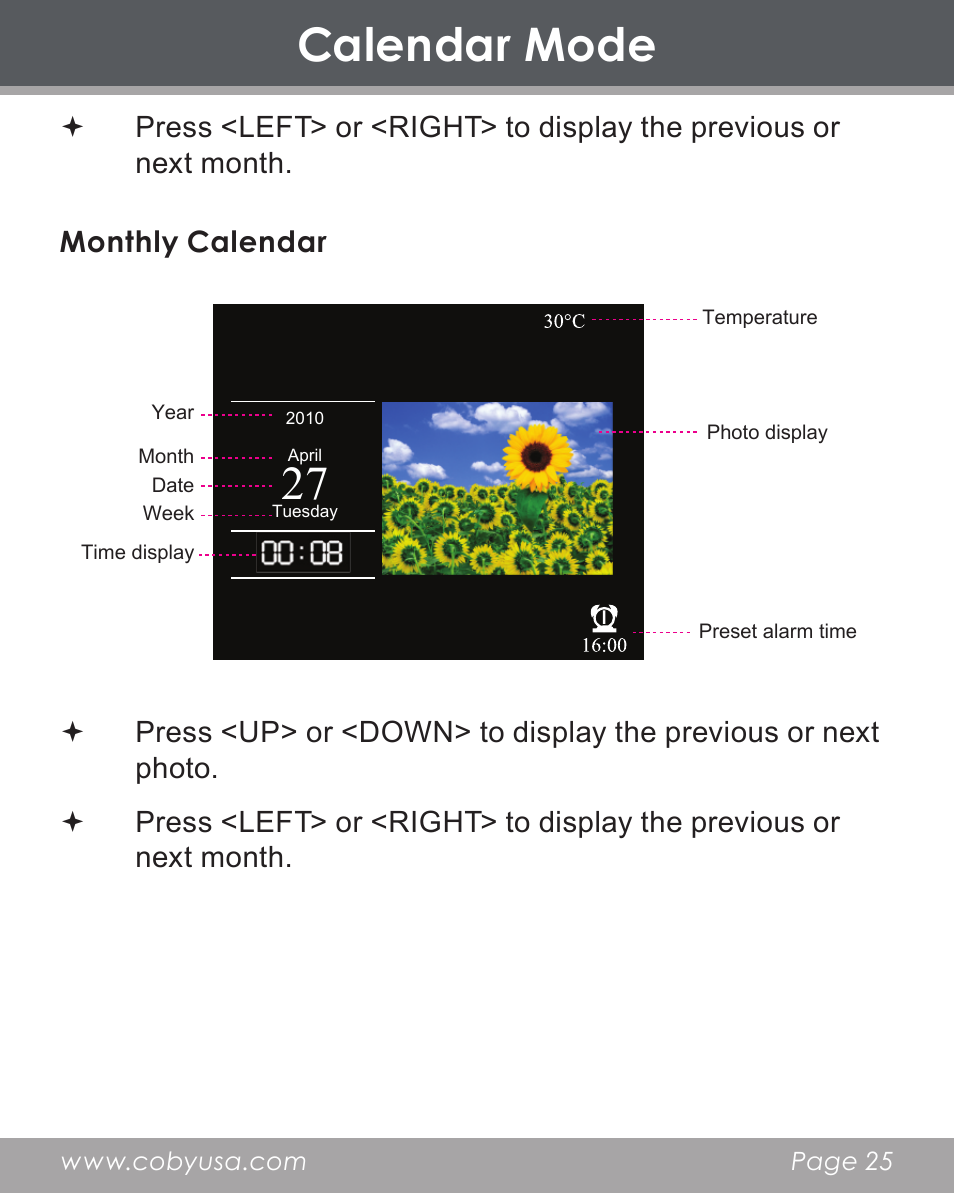 Calendar mode | COBY electronic DP356 User Manual | Page 25 / 45