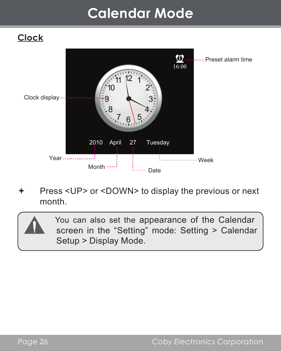 Calendar mode | COBY electronic DP356 User Manual | Page 26 / 45