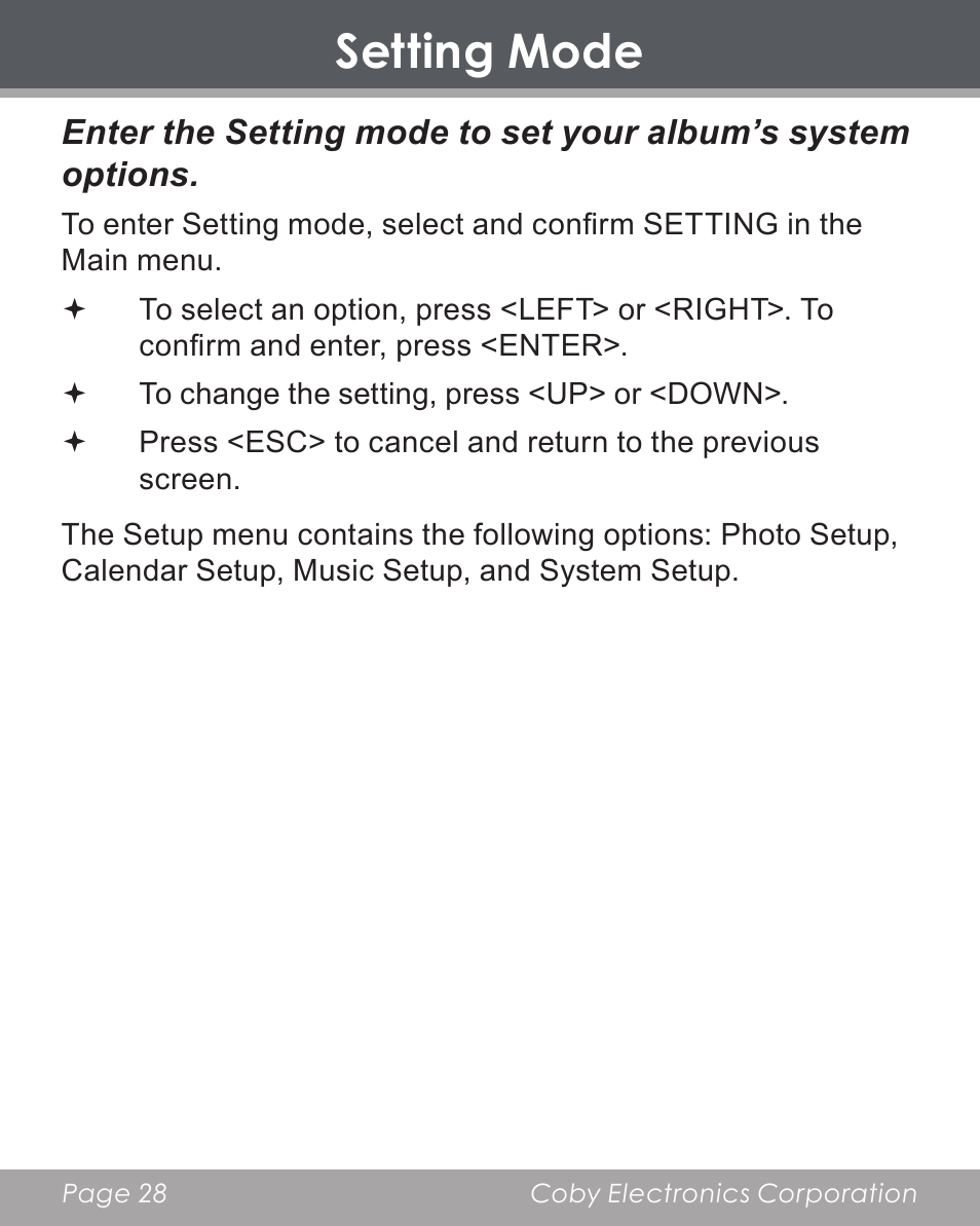 Setting mode | COBY electronic DP356 User Manual | Page 28 / 45