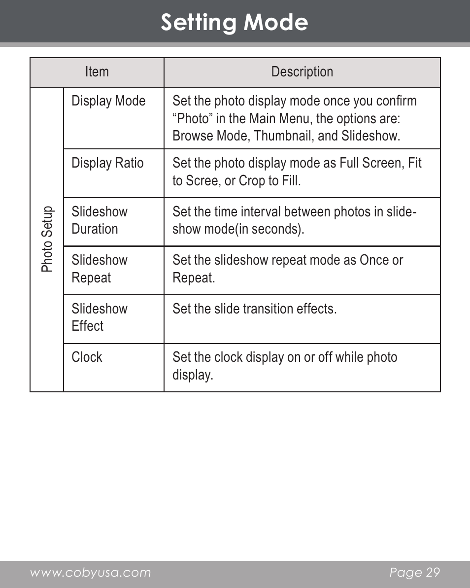 Setting mode | COBY electronic DP356 User Manual | Page 29 / 45