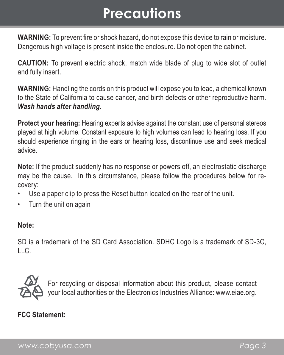 Precautions | COBY electronic DP356 User Manual | Page 3 / 45