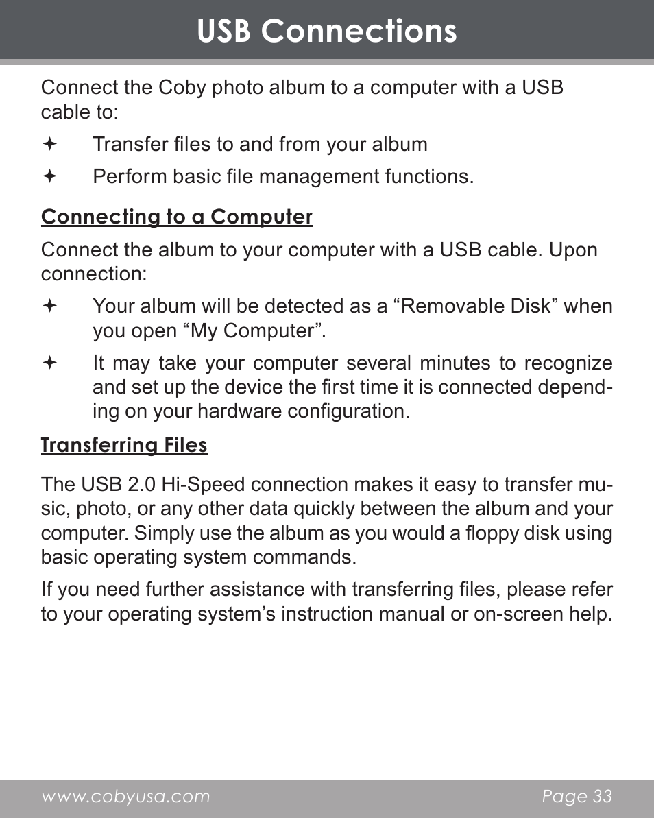 Usb connections | COBY electronic DP356 User Manual | Page 33 / 45
