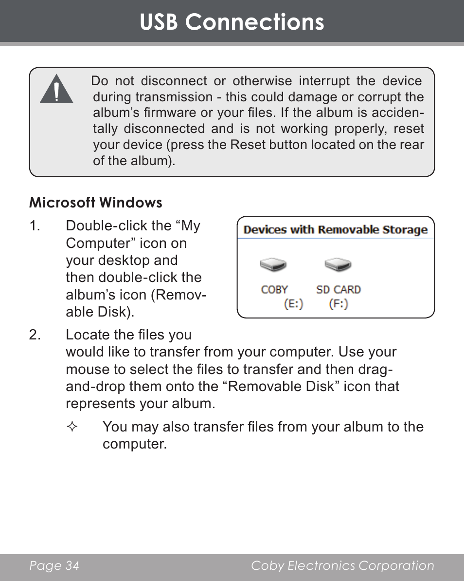 Usb connections | COBY electronic DP356 User Manual | Page 34 / 45