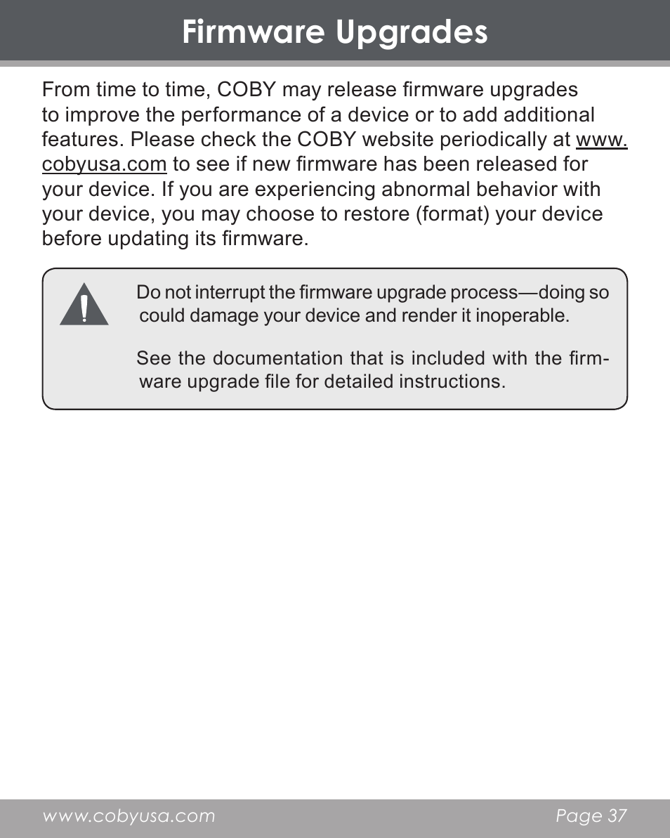 Firmware upgrades | COBY electronic DP356 User Manual | Page 37 / 45