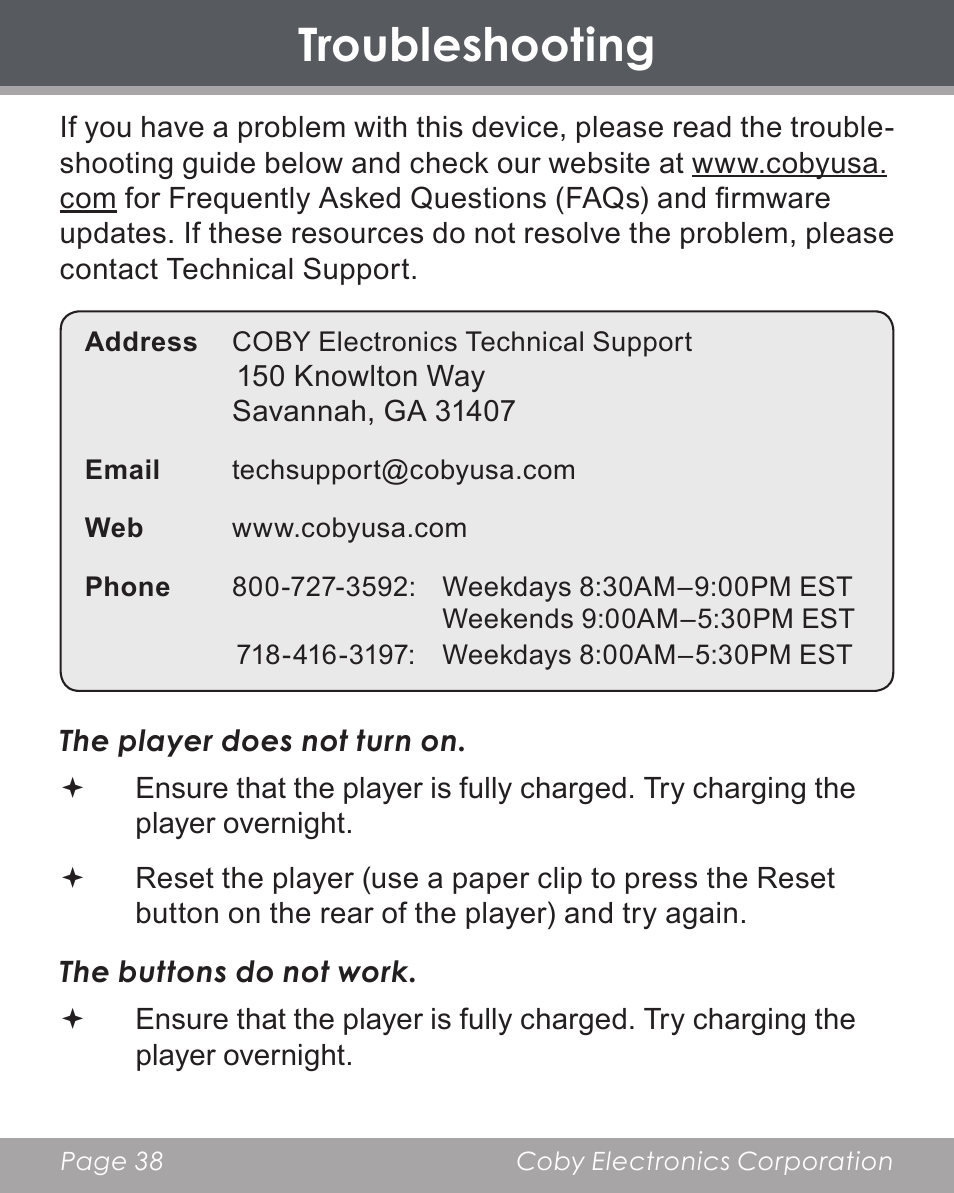Troubleshooting | COBY electronic DP356 User Manual | Page 38 / 45