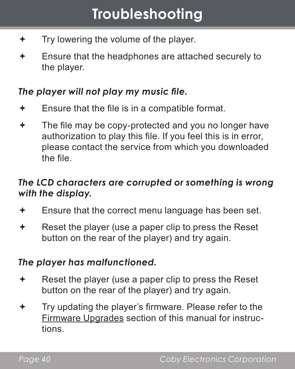 Troubleshooting | COBY electronic DP356 User Manual | Page 40 / 45