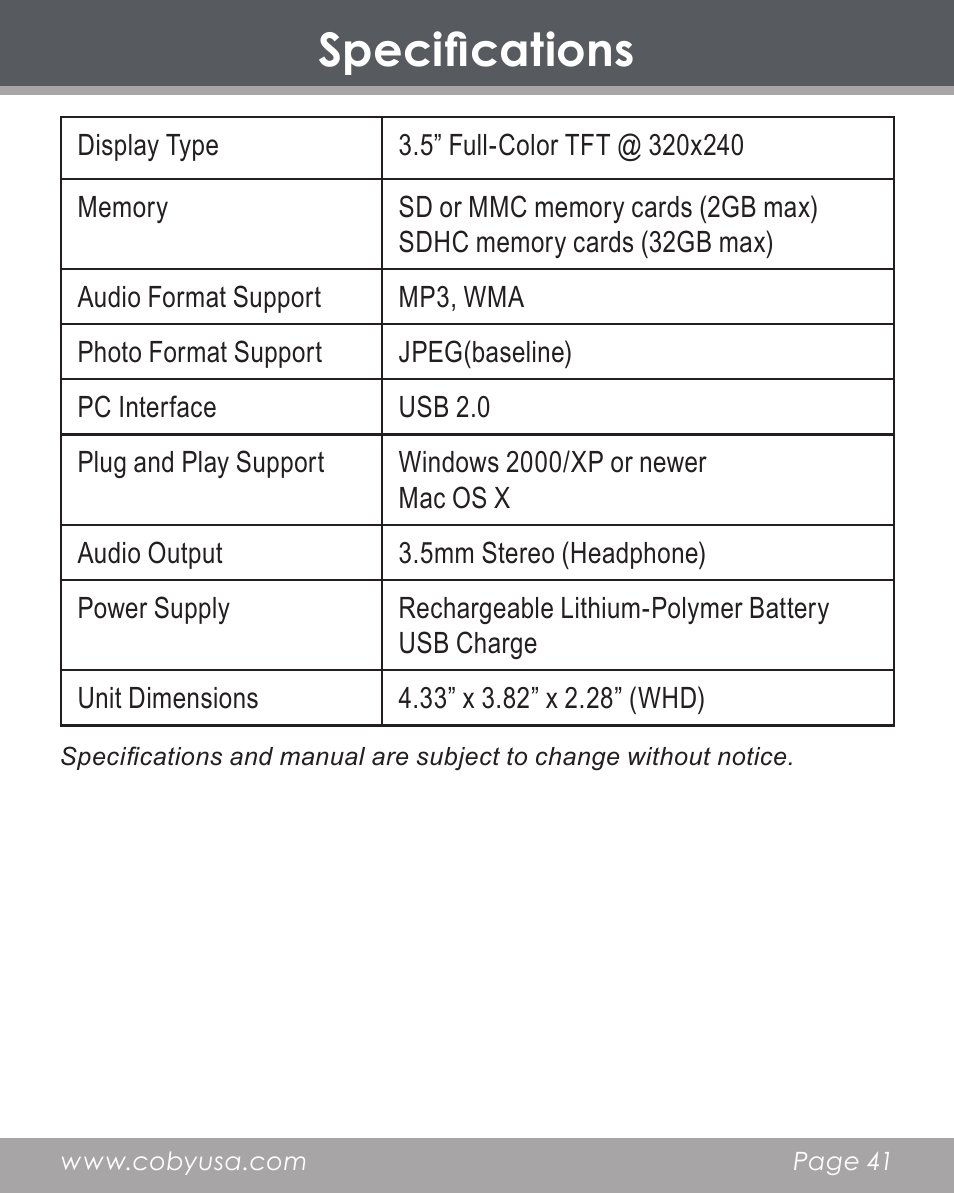 Specifications | COBY electronic DP356 User Manual | Page 41 / 45
