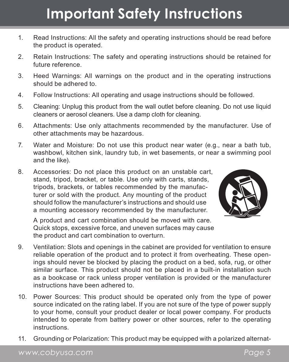 Important safety instructions | COBY electronic DP356 User Manual | Page 5 / 45