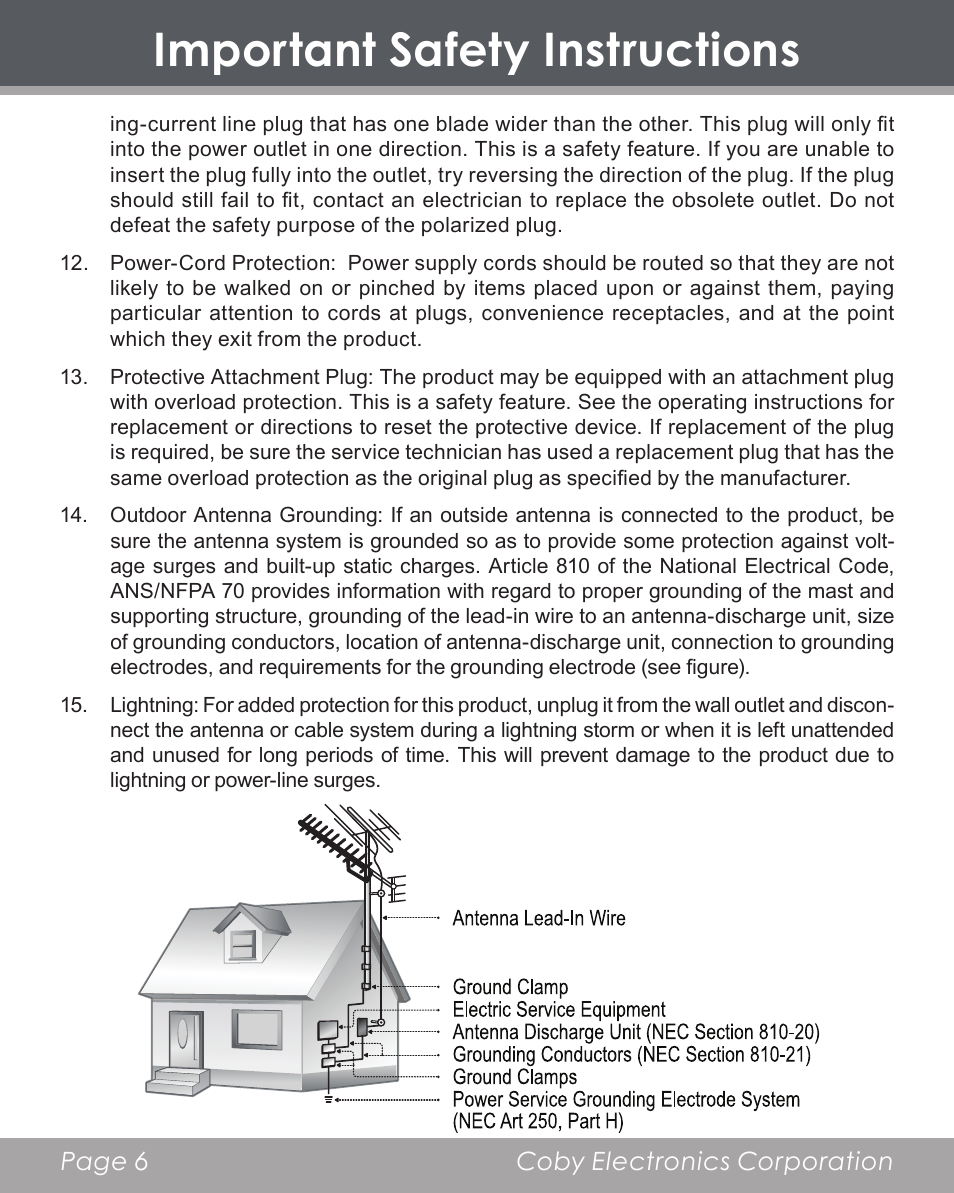 Important safety instructions | COBY electronic DP356 User Manual | Page 6 / 45